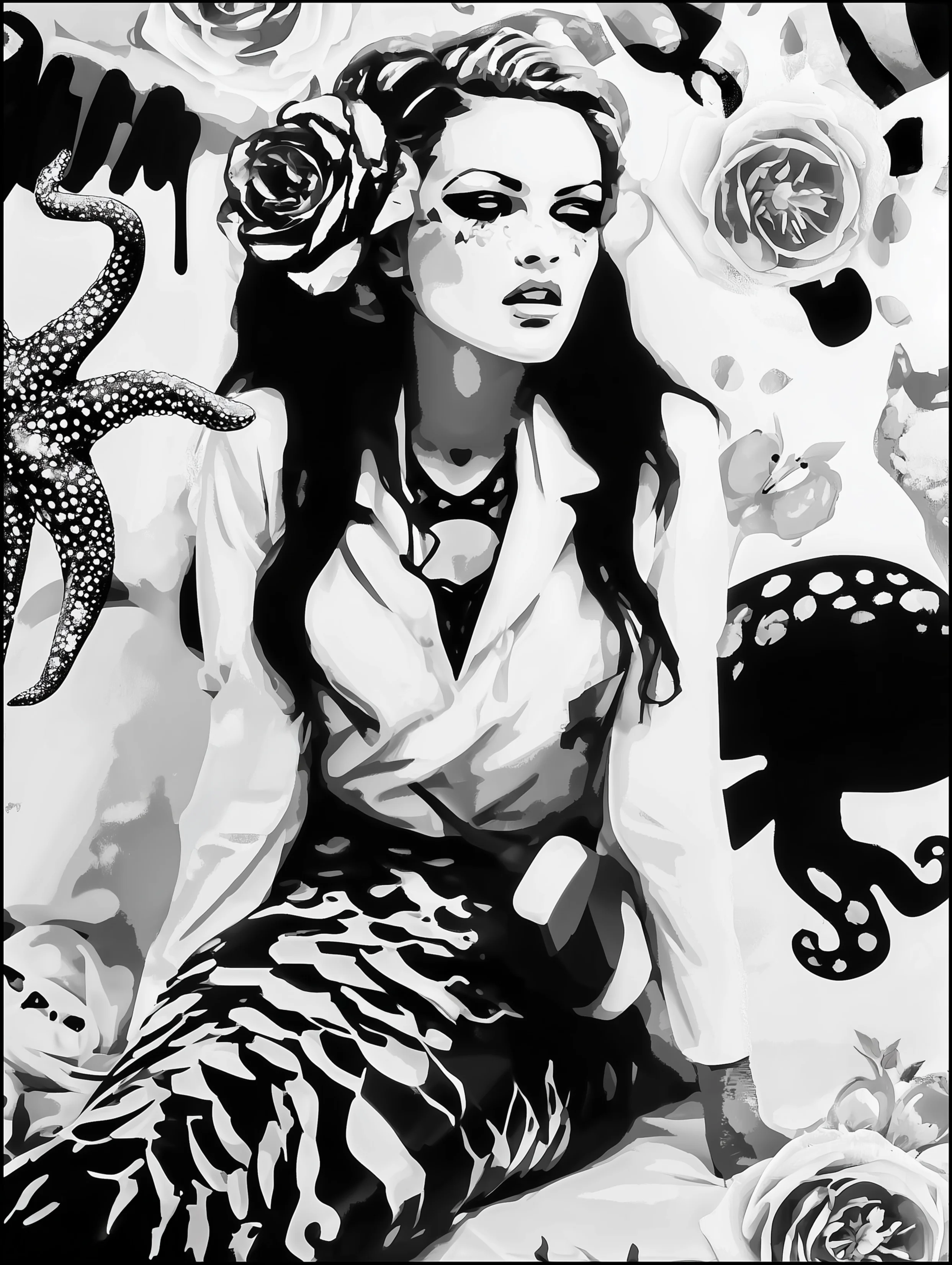 Free printable mermaid coloring page for adults featuring mermaid with sea creatures wearing a jacket